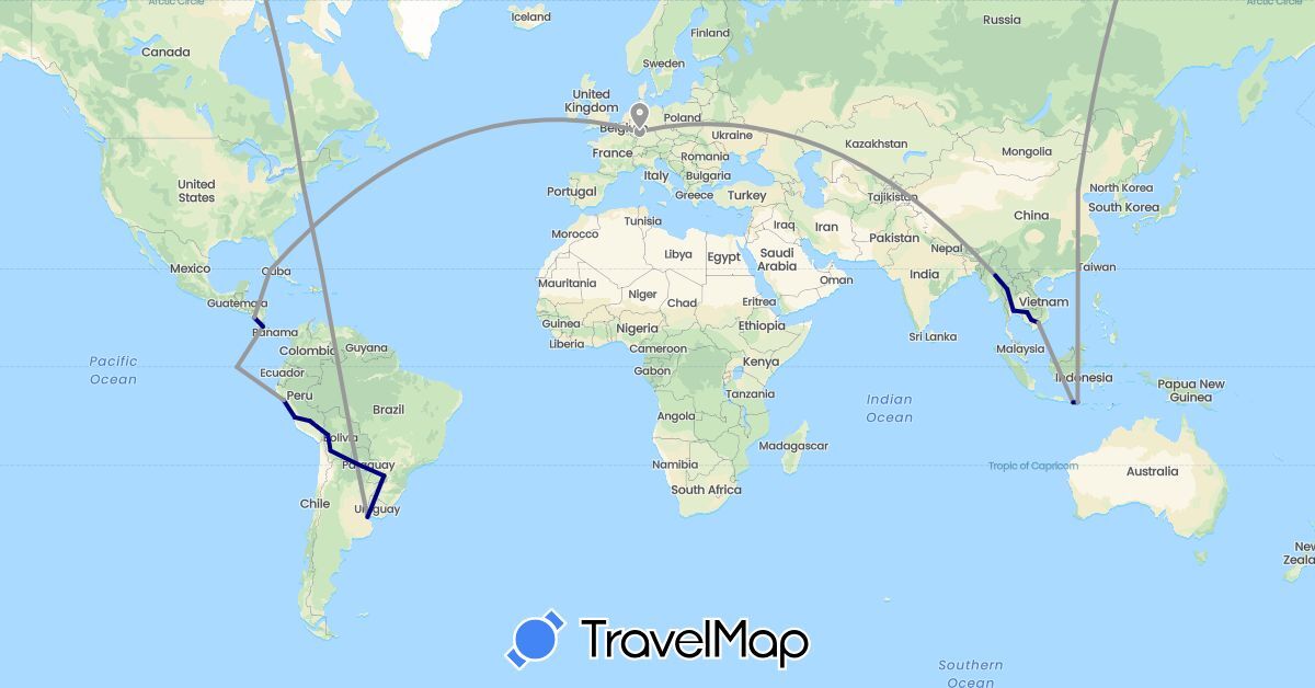 TravelMap itinerary: driving, plane in Argentina, Bolivia, China, Costa Rica, Cuba, Germany, Ecuador, Indonesia, Cambodia, Myanmar (Burma), Nicaragua, Peru, Thailand, United States, Vietnam (Asia, Europe, North America, South America)